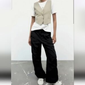 ZARA Lightweight Nylon Cargo-Style Pants | Wide Leg | Minimal Utility. Black.SM